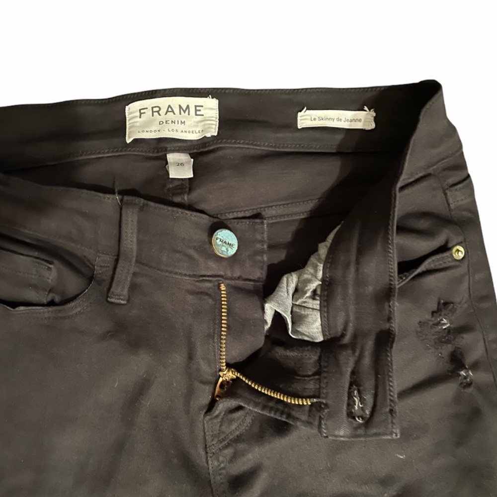 Frame Distressed ripped neutral black wash denim skinny jeans size 26 - Picture 5 of 13